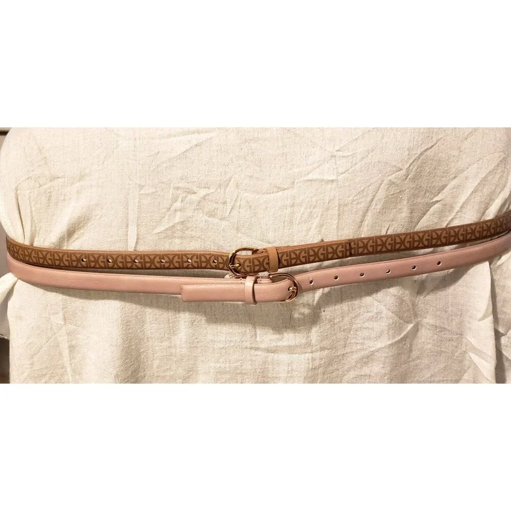 Gianni Bernini Set of 2 Skinny Belts Pink Logo Goldtone Buckle 2X EUC